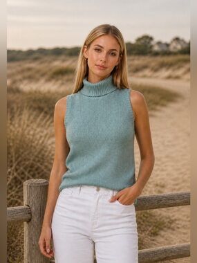 Sleeveless Turtleneck Vintage silk cotton   Sweater - Teal large Liz Claiborne